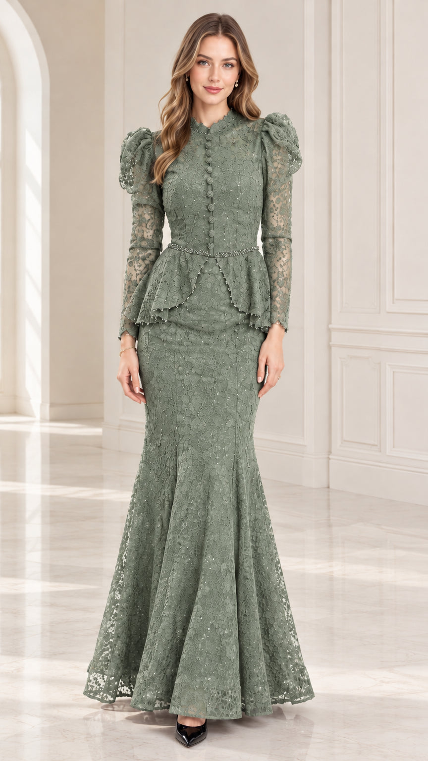 Model wearing sage green long sleeve lace mermaid evening dress