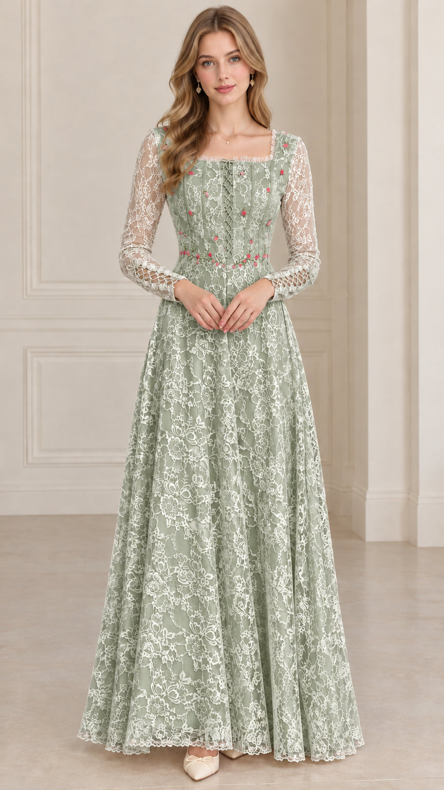 Front full-length view of model in sage green floral embroidered lace maxi dress