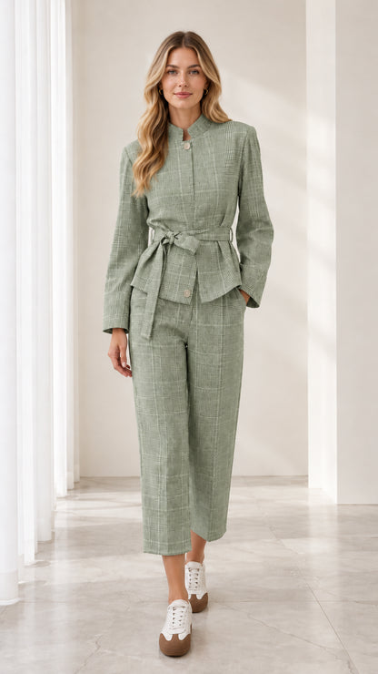 Full front view of model wearing sage green plaid two-piece belted pant suit set