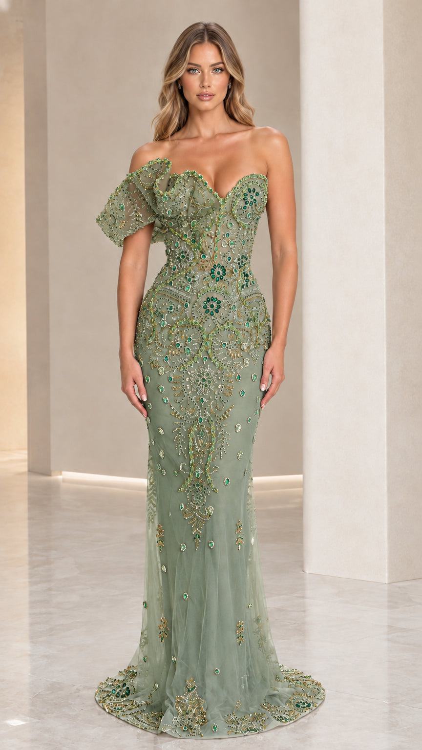 Sage green embellished sweetheart mermaid gown with sculptural ruffle accent