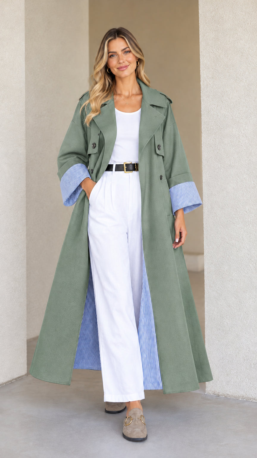 Front view of model wearing Sage Green maxi trench duster coat with contrast striped cuffs