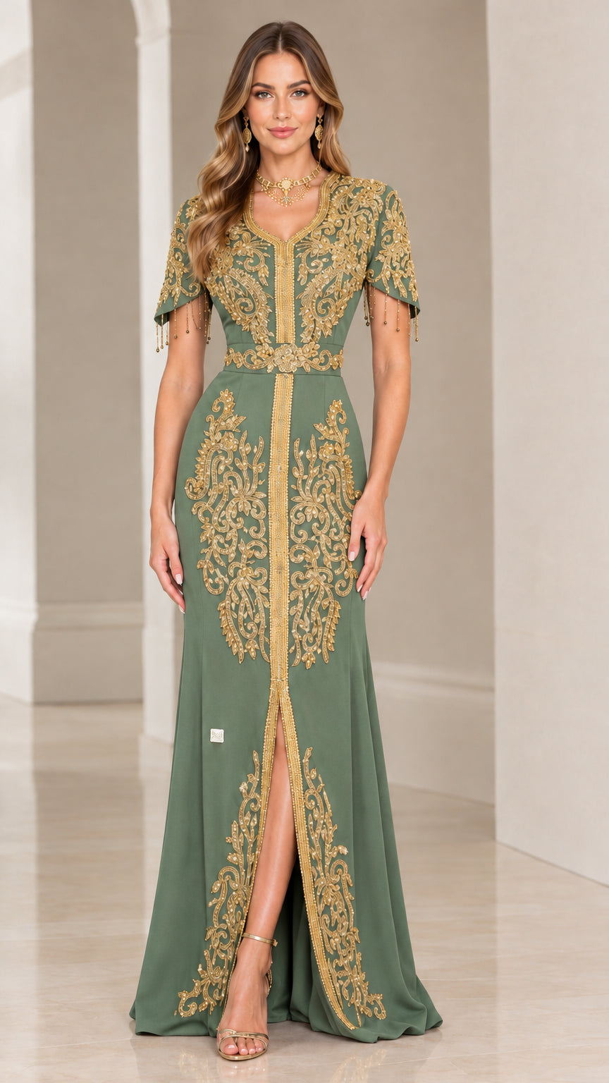Full-length front view of sage green embroidered caftan formal maxi dress
