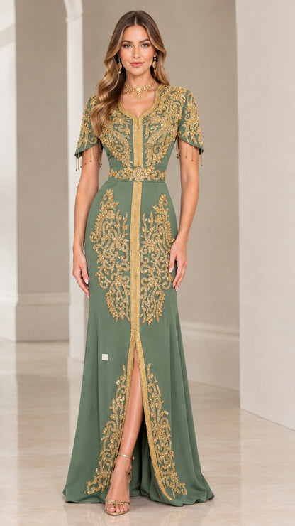 Full-length front view of sage green embroidered caftan formal maxi dress