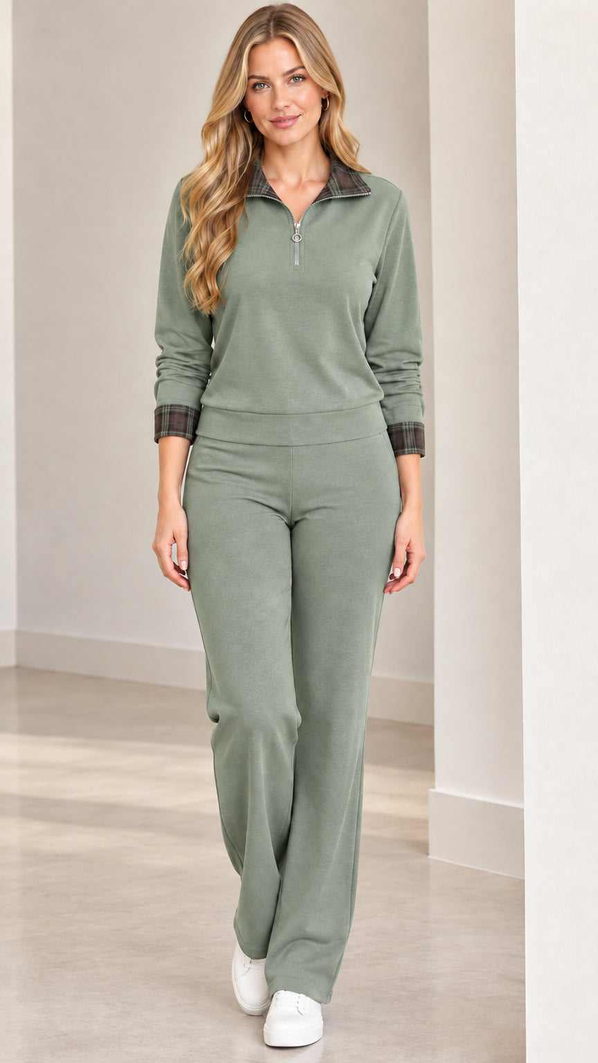 Sage green women's two-piece half-zip lounge set with plaid trim