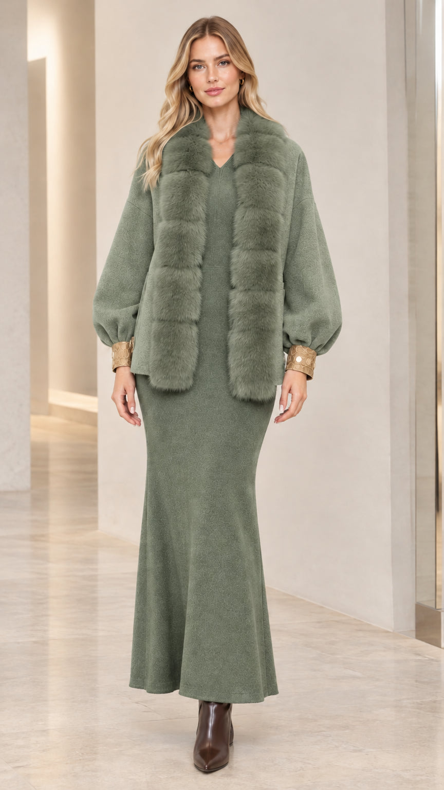Front view of sage green faux fur trimmed lantern sleeve coat
