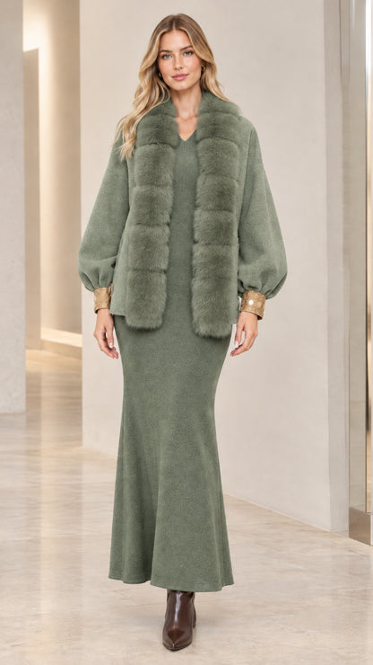 Front view of sage green faux fur trimmed lantern sleeve coat