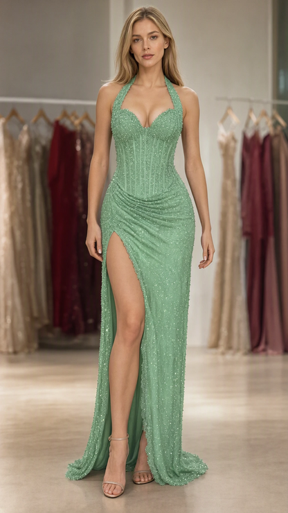 Model wearing Sage Green glitter halter sweetheart evening dress