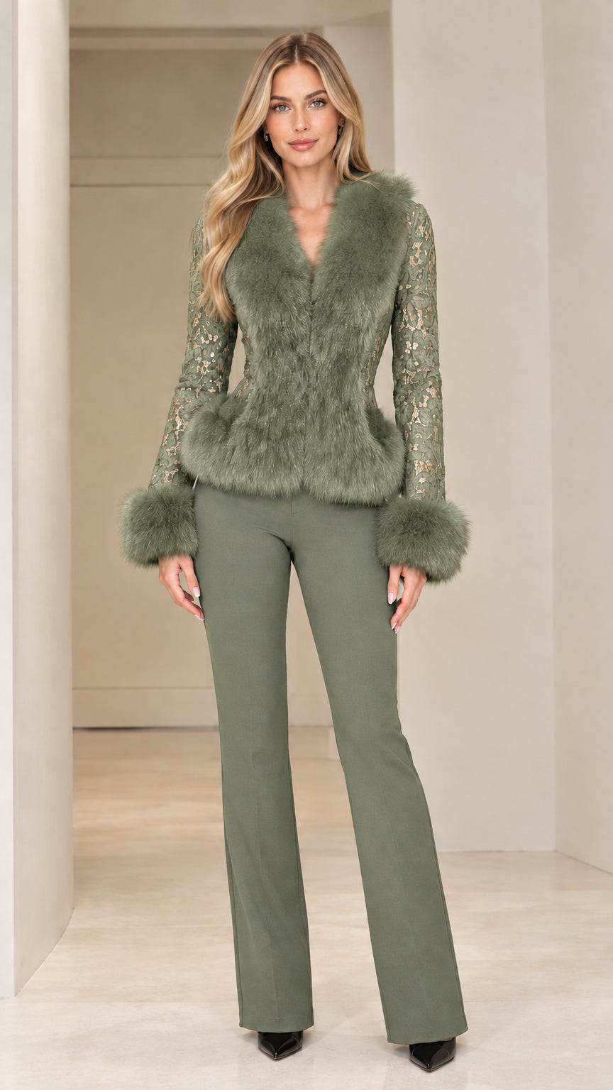 Full-length view of model wearing sage green lace peplum jacket with tonal faux fur trim