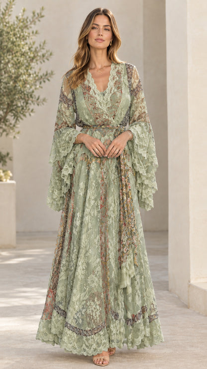 Sage green bohemian lace maxi dress with long bell sleeves