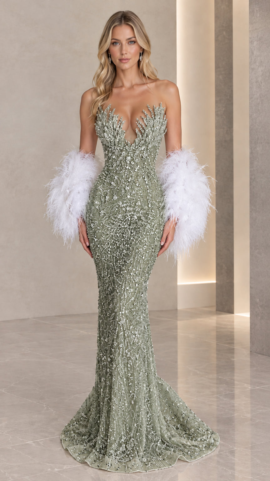 Front view of sage green strapless beaded mermaid evening gown
