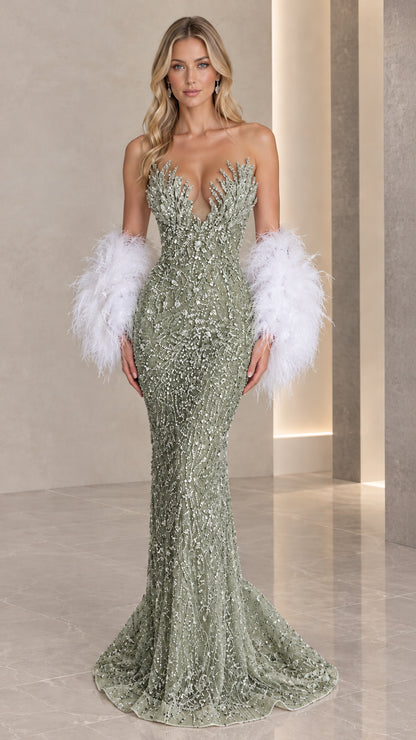 Front view of sage green strapless beaded mermaid evening gown