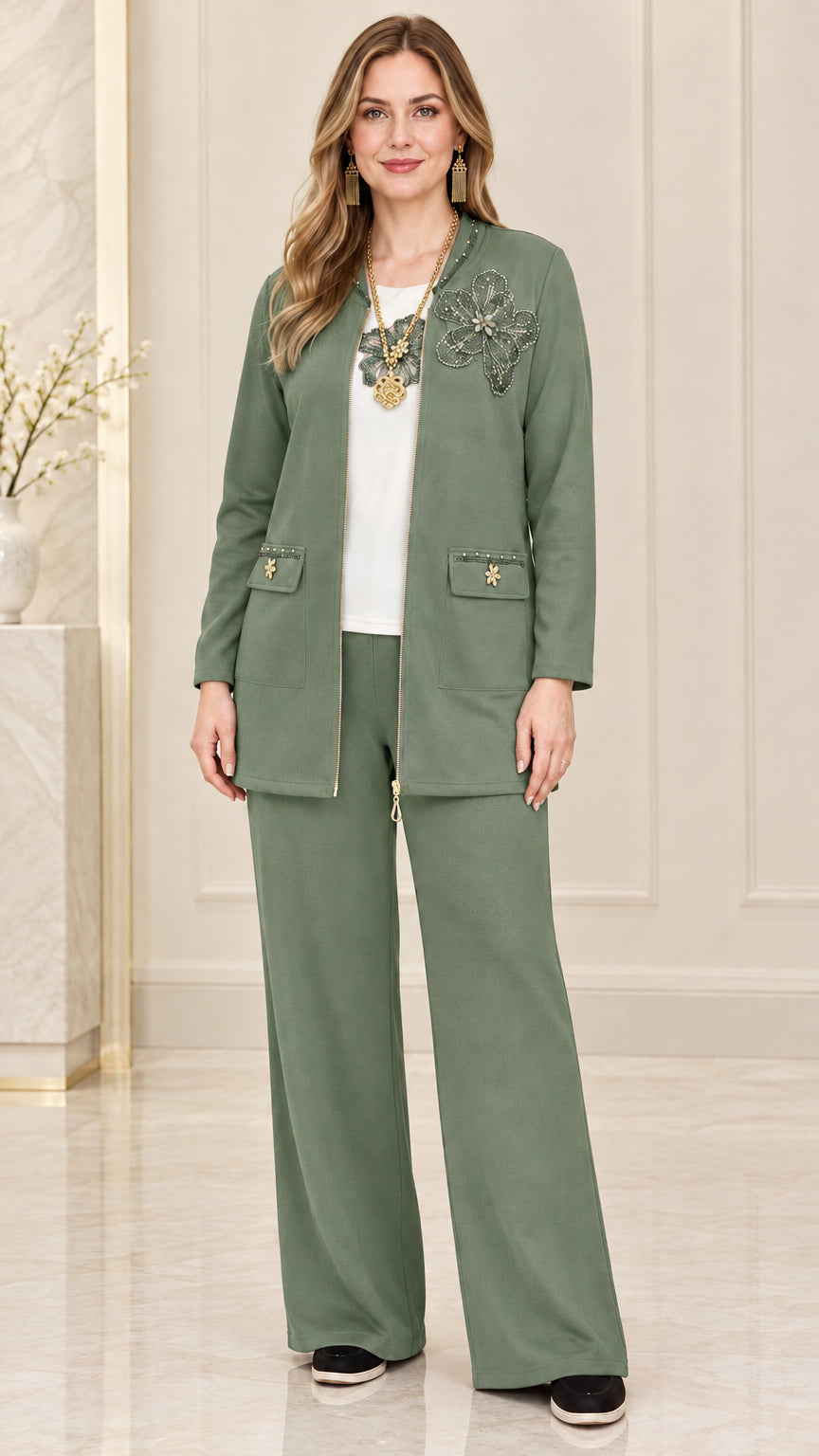 Full front view of women's sage green two-piece floral embellished pants set