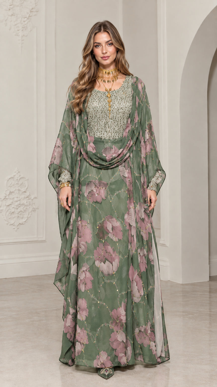 Model wearing sage green floral print sequin kaftan maxi dress