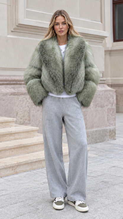 Model wearing Sage Green cropped faux fur jacket