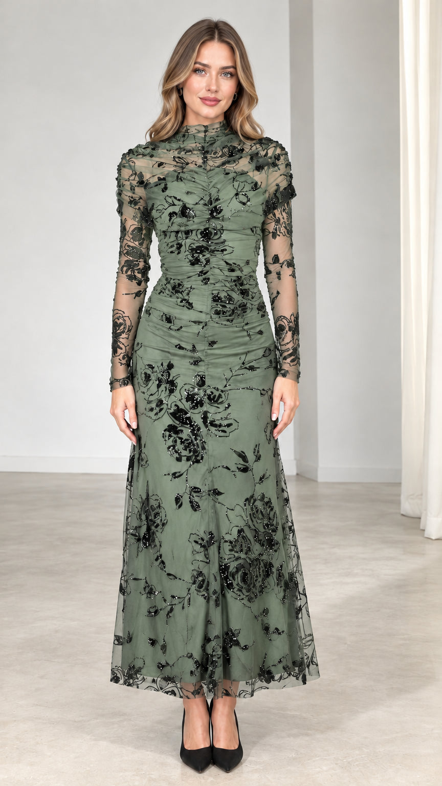 Sage green floral sequin embroidered high neck evening gown