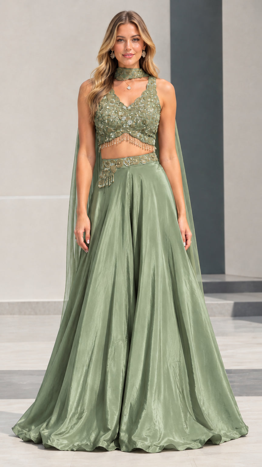 Sage green beaded crop top and flowing pleated maxi skirt two-piece set
