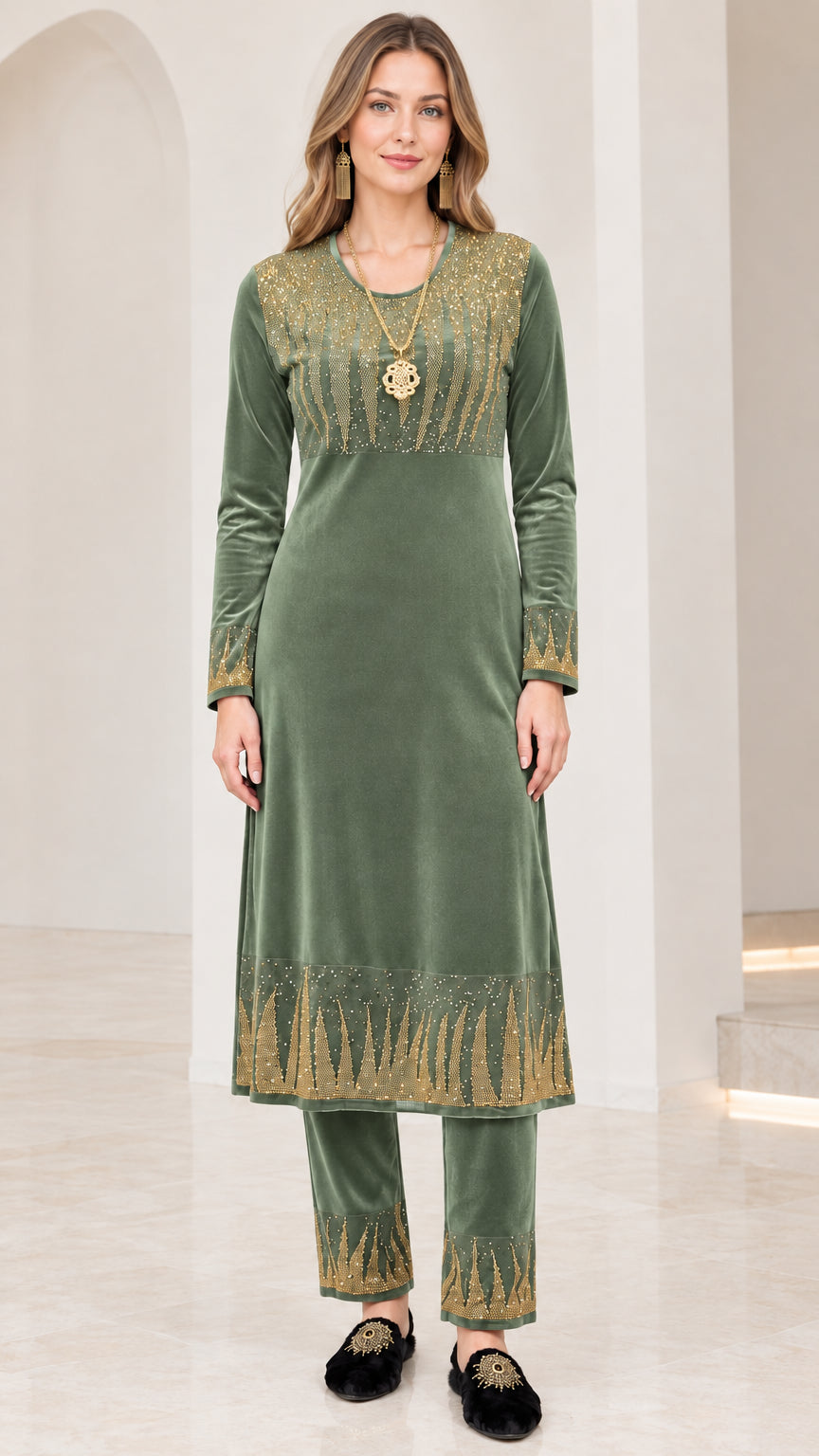 Full front view of women's sage green velvet tunic and trouser set with gold motifs