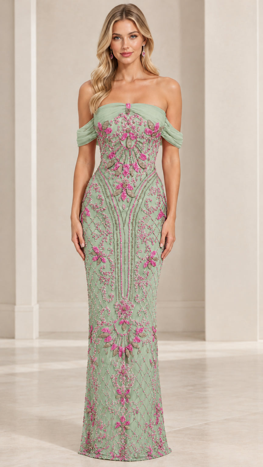 Sage green off-the-shoulder beaded embroidered formal gown