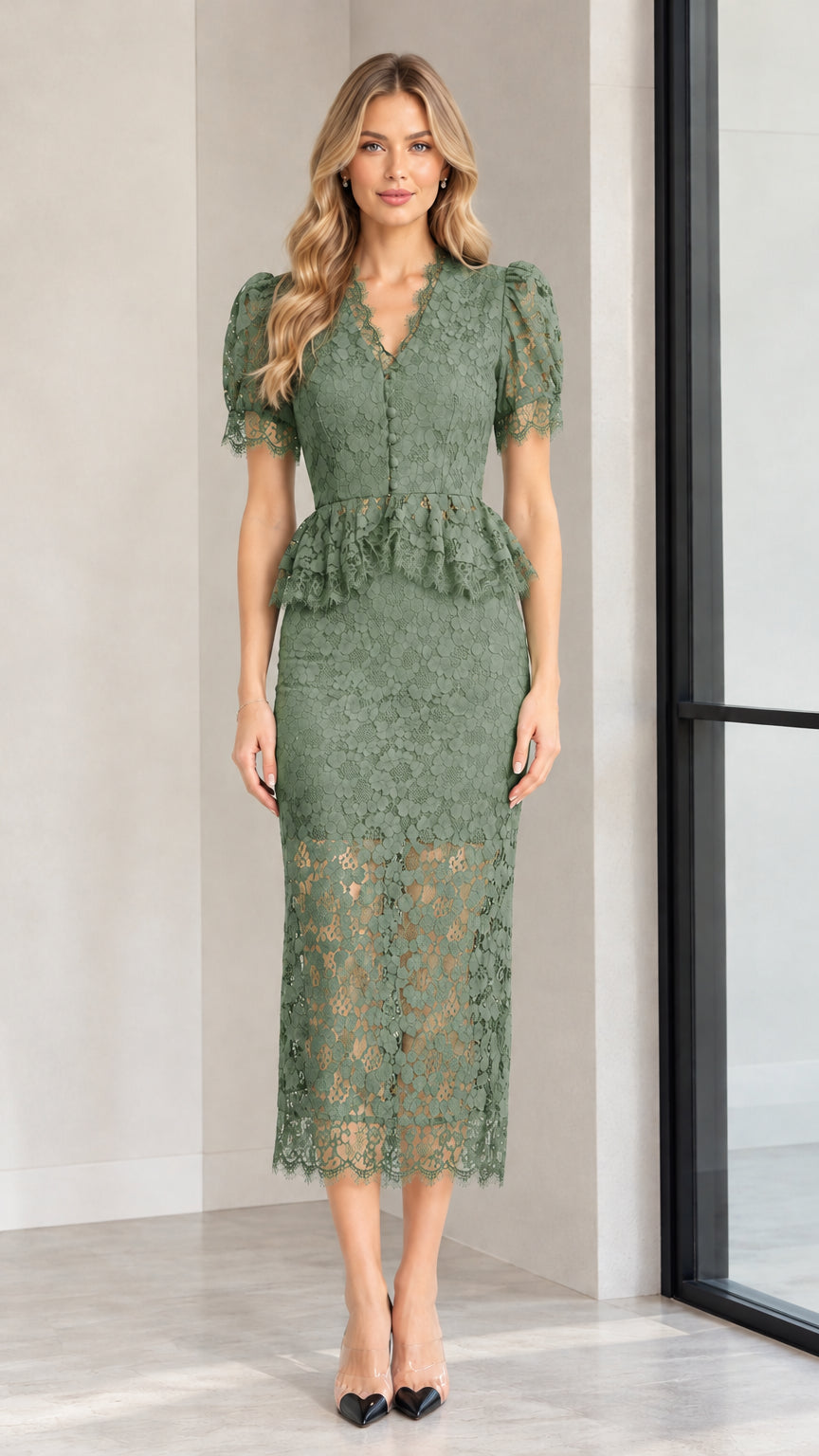 Model wearing sage green floral lace peplum midi dress