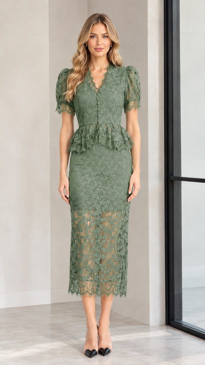 Model wearing sage green floral lace peplum midi dress