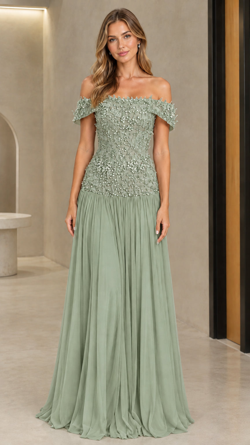 Front view of sage green off-the-shoulder beaded formal gown