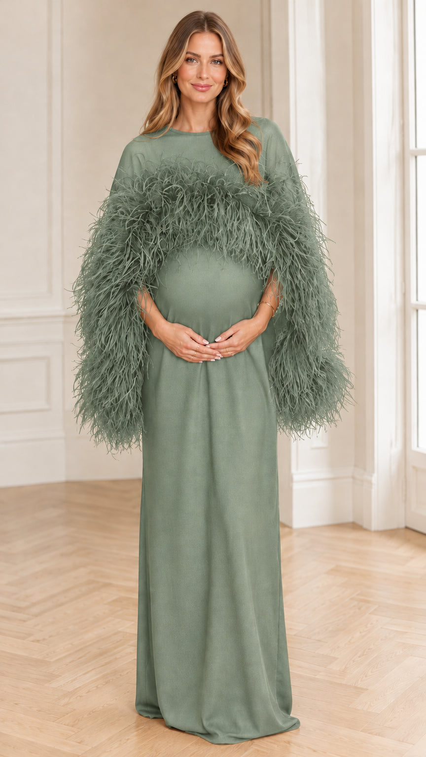 Sage green feather cape sleeve maternity formal maxi gown
