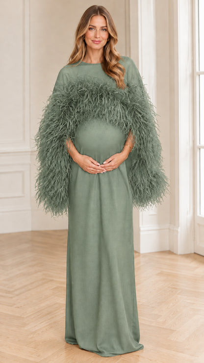 Sage green feather cape sleeve maternity formal maxi gown