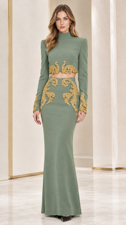 Front full-length view of Sage Green two-piece evening dress with gold embroidery