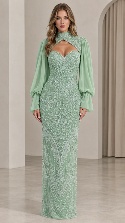 Sage green beaded formal maxi dress with sheer gathered sleeves