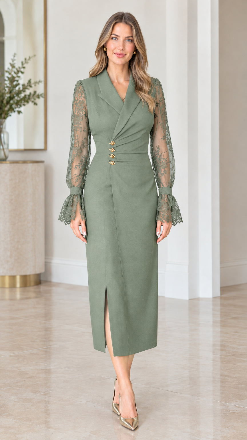 Front view of model wearing sage green tailored lace sleeve midi dress