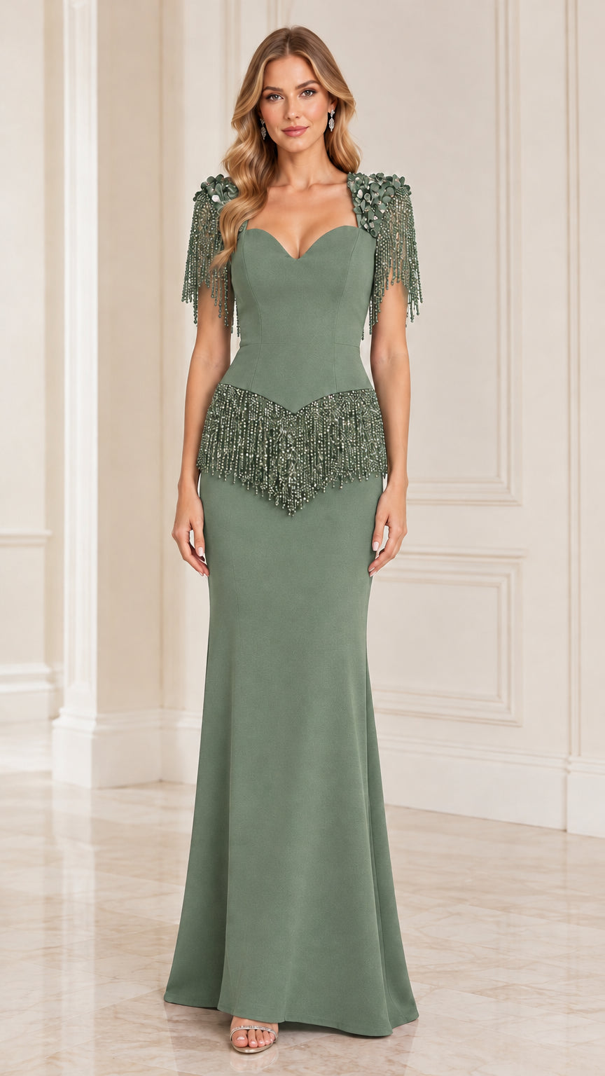 Model wearing sage green sweetheart maxi formal gown with beaded fringe trim