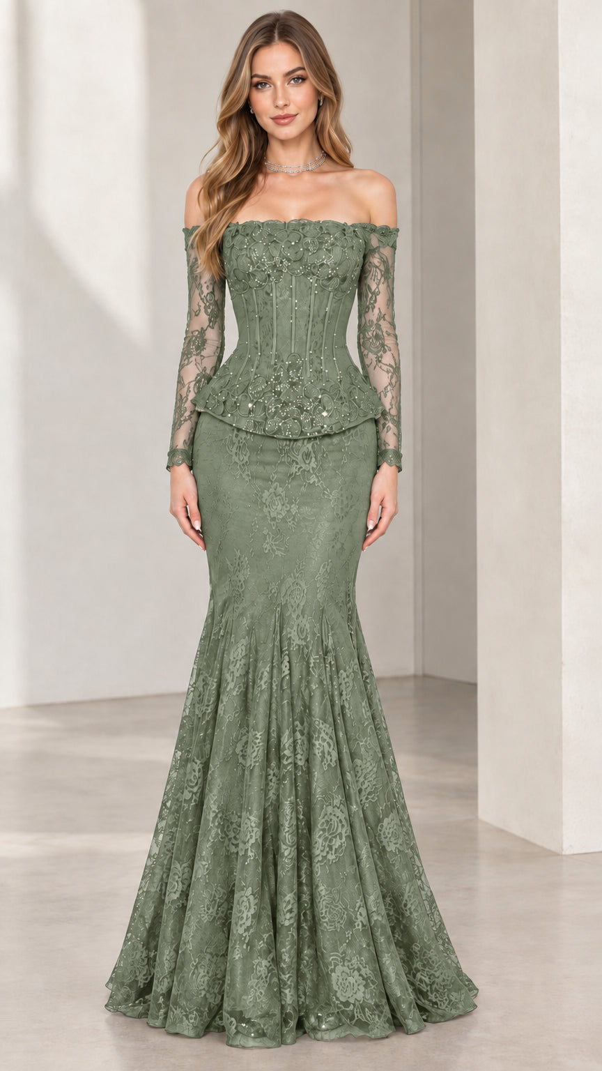 Full-length front view of woman wearing sage green off-the-shoulder lace mermaid gown