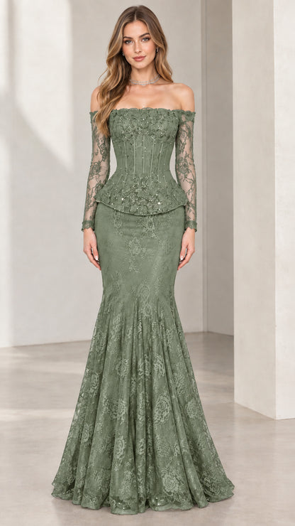 Full-length front view of woman wearing sage green off-the-shoulder lace mermaid gown
