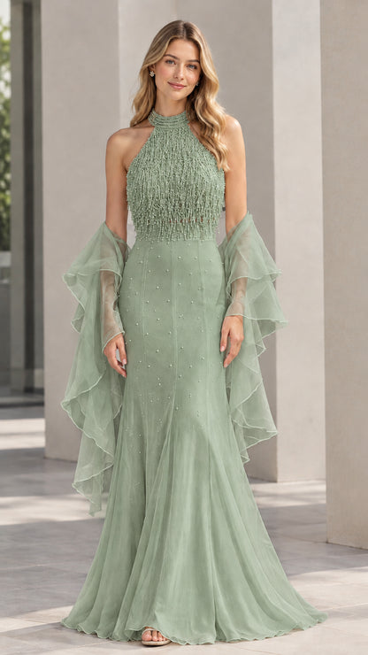 Sage green halter beaded fringe formal evening gown with sheer wrap