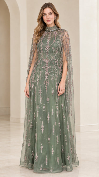 Model wearing Sage Green embroidered high-neck cape formal dress