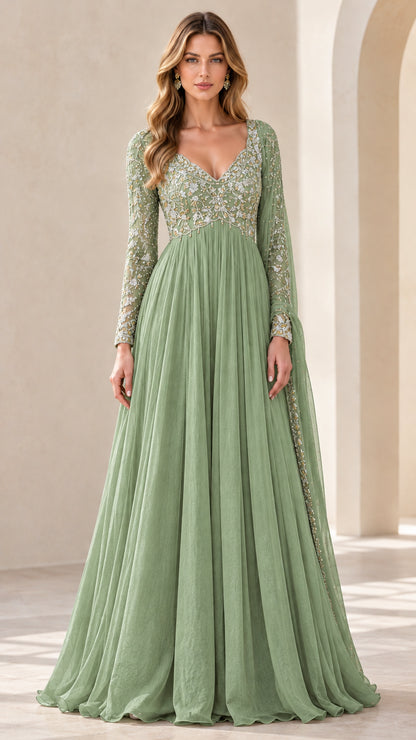 Sage green long sleeve V-neck embroidered maxi gown