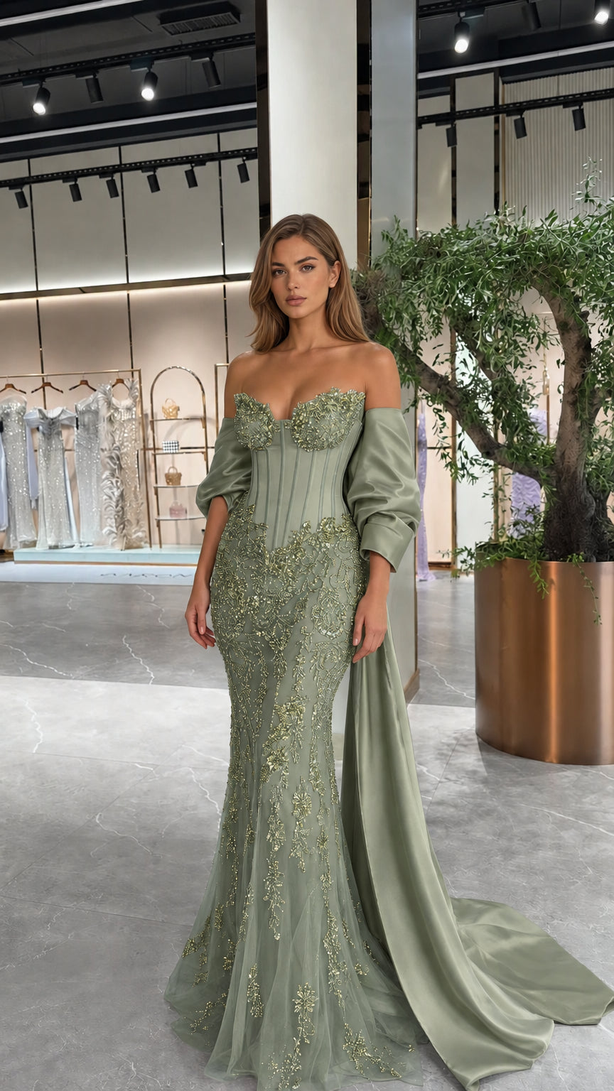 Sage Green sweetheart boned corset evening gown with gold embroidery