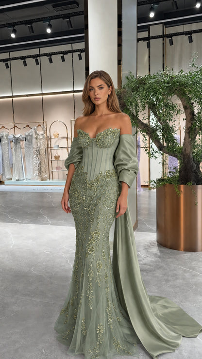 Sage Green sweetheart boned corset evening gown with gold embroidery