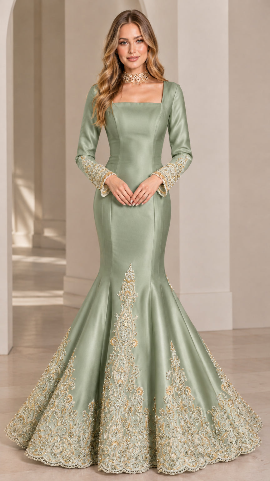 Front view of sage green long sleeve satin mermaid gown with lavish gold embroidery