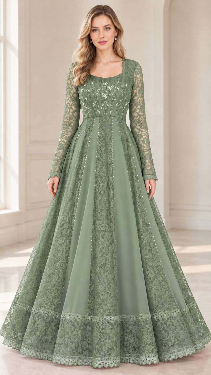 Sage green floral lace long sleeve A-line maxi gown front view