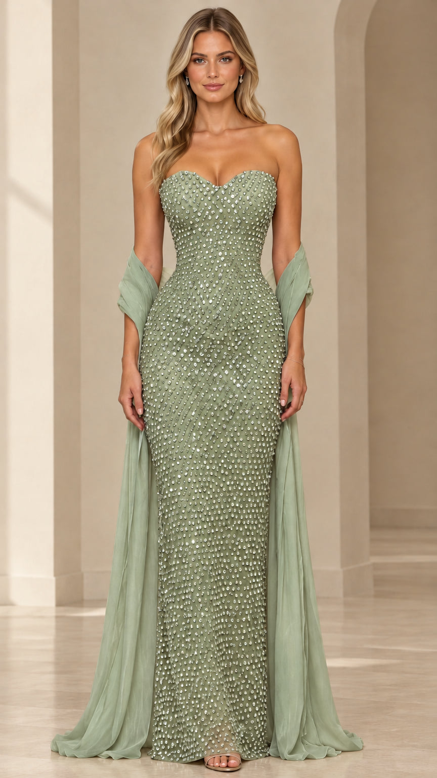 Sage green rhinestone sweetheart evening gown with light green draped shawl