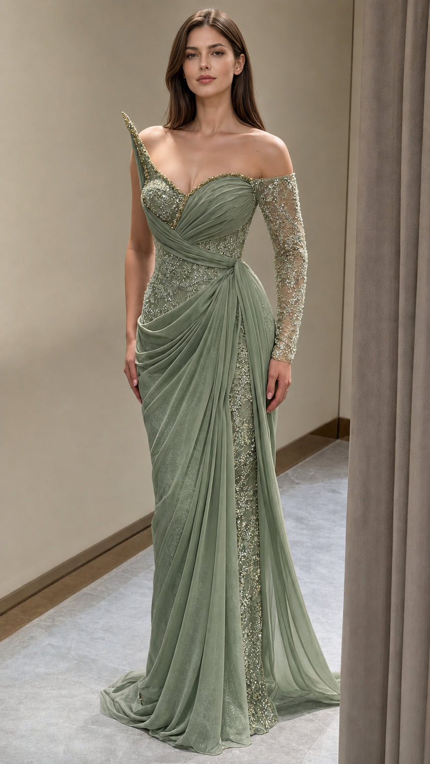Sage green embellished asymmetric evening dress with side drape