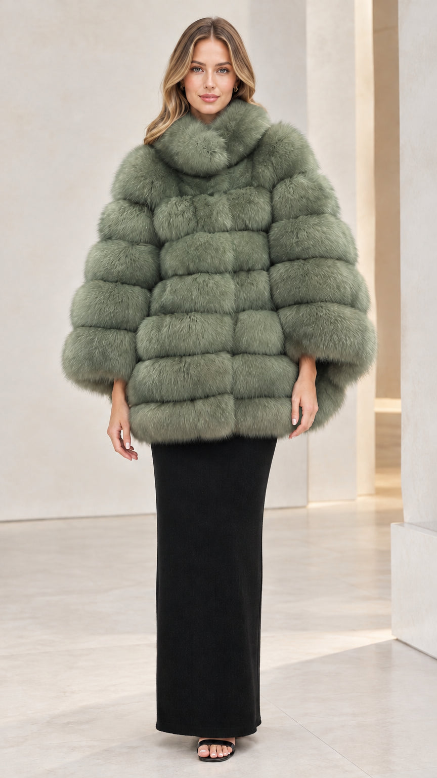 Full front view of sage green tiered stand collar faux fur cape coat