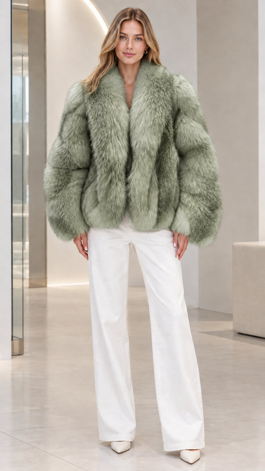 Front view of model wearing Sage Green plush faux fur jacket