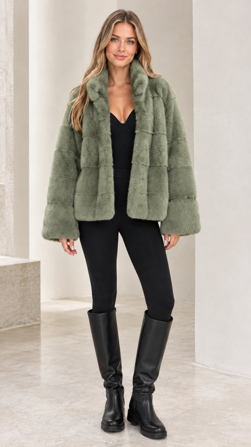 Front view of model wearing Sage Green plush faux fur short jacket