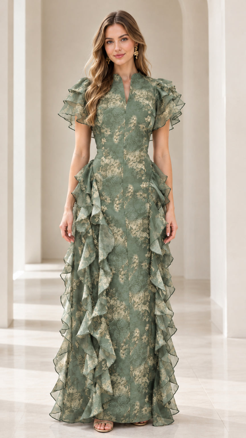 Full-length view of Sage Green floral print maxi dress with tiered side ruffles