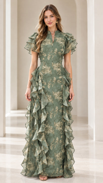 Full-length view of Sage Green floral print maxi dress with tiered side ruffles