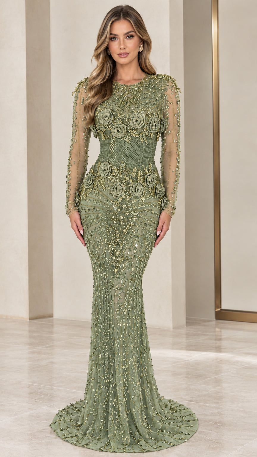 Front view of sage green embellished long-sleeve formal mermaid gown