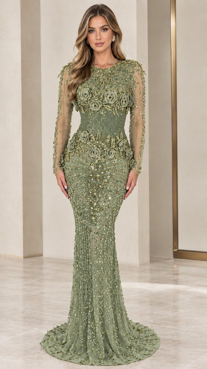 Front view of sage green embellished long-sleeve formal mermaid gown