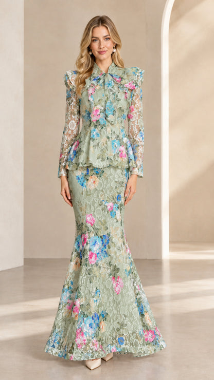 Sage green floral lace peplum mermaid skirt set